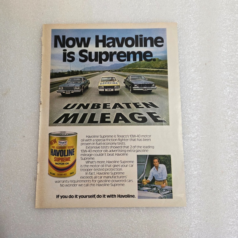 Vintage 1979 Havoline Supreme Texaco Motor Oil Print Ad 8x10.5 Gas Oil Decor
